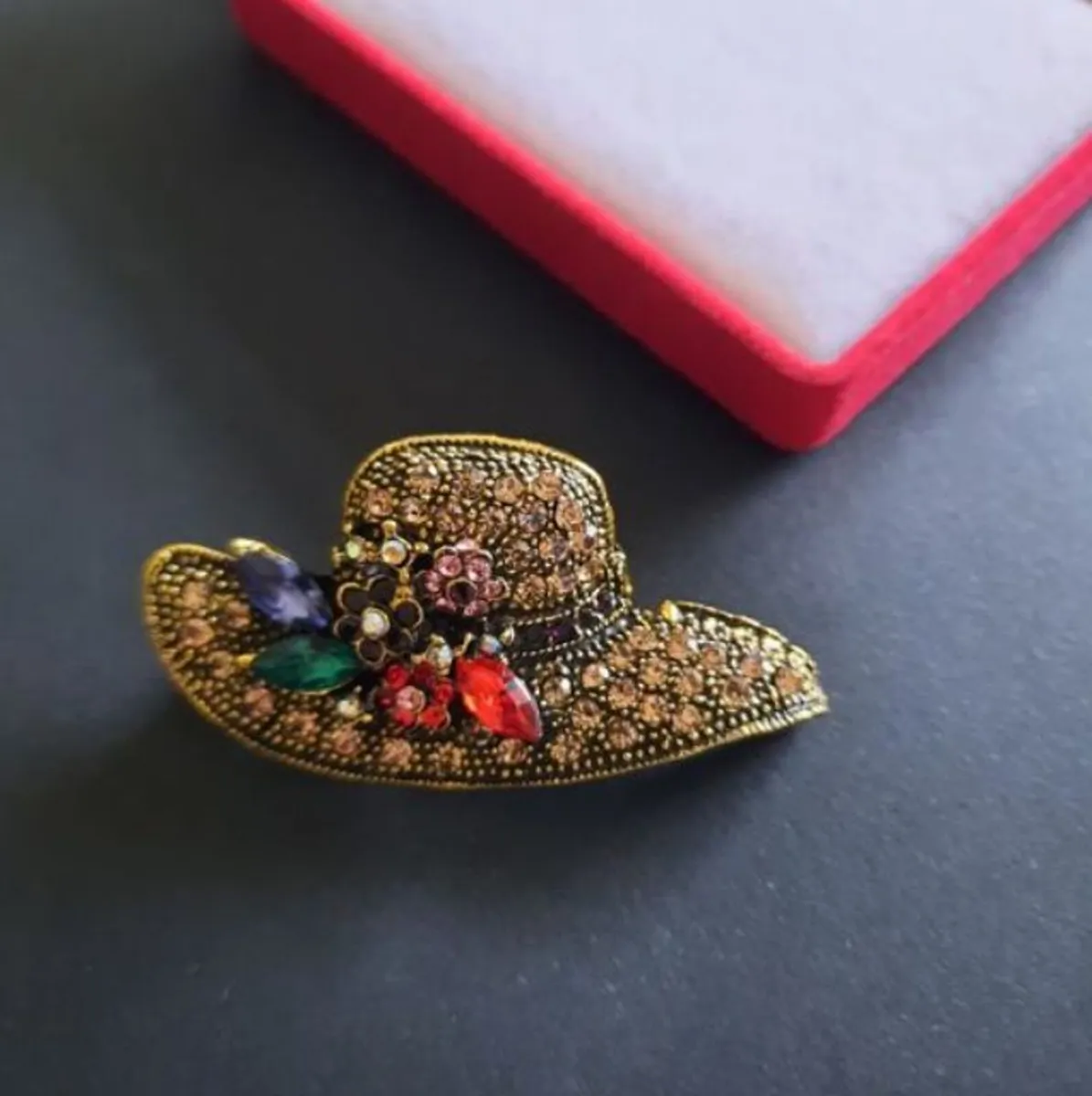Rhinestone Hat with Flowers Brooch Shawl Pin - Image 4