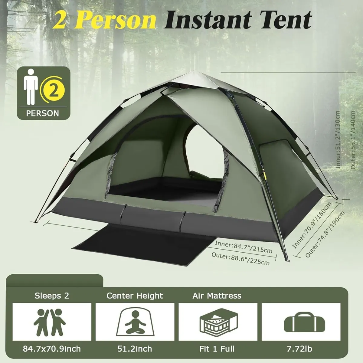 Camping Tent 2-3 Man Pop Up Instant Setup - Image 4