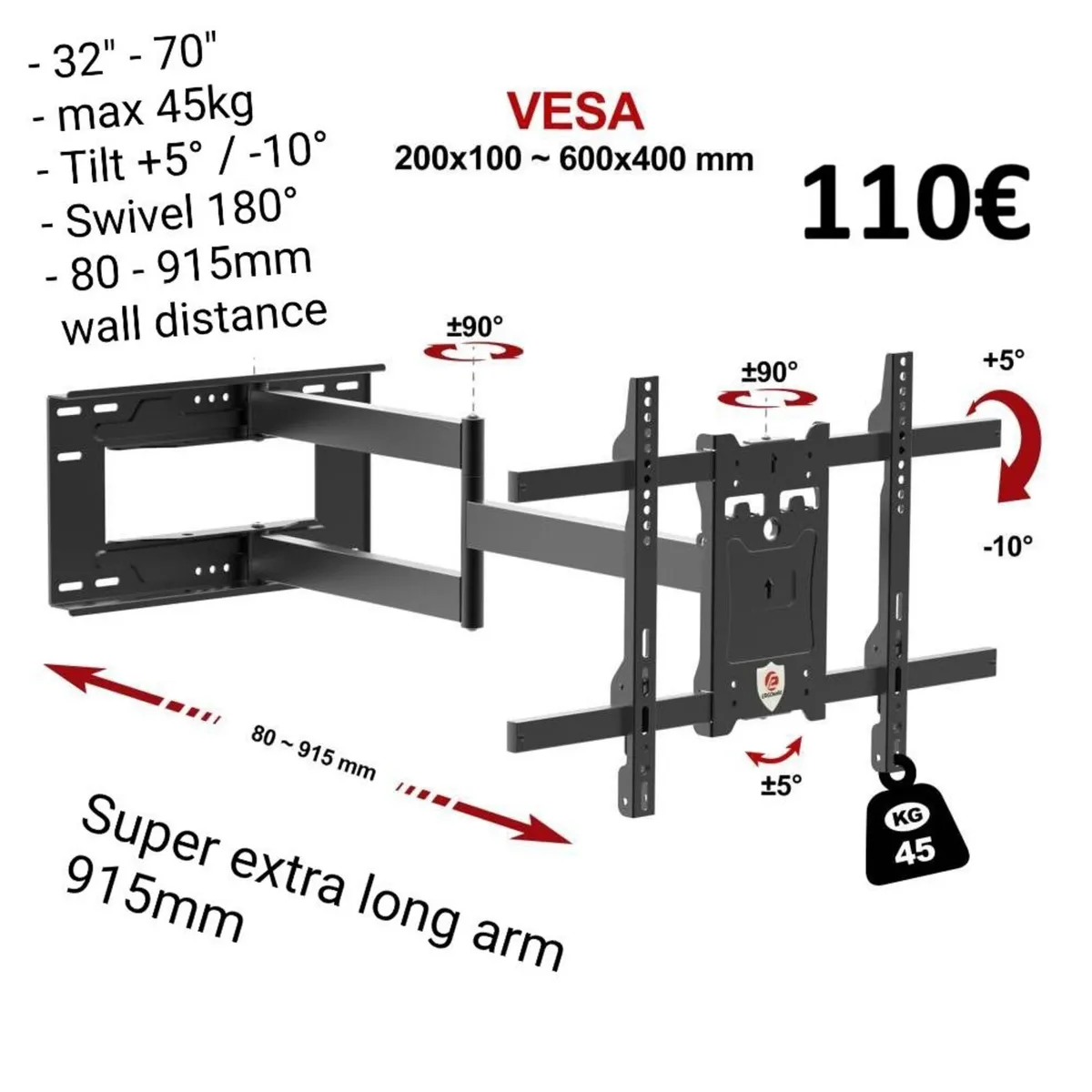 Tv Wall Mount Bracket Tilt Swivel Long Arm 32-70" - Image 1