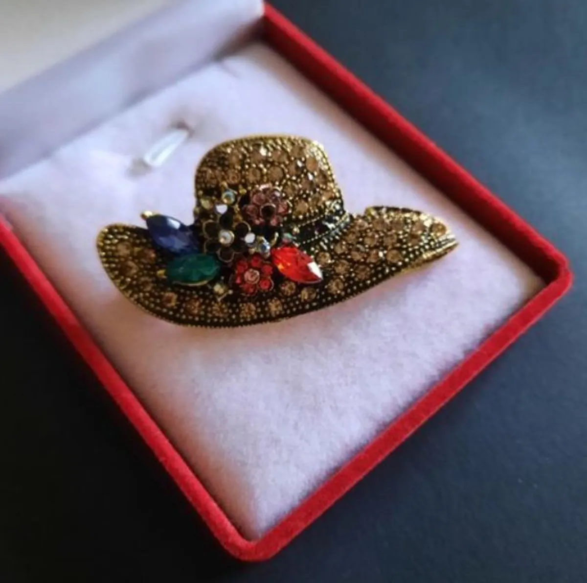 Rhinestone Hat with Flowers Brooch Shawl Pin - Image 2