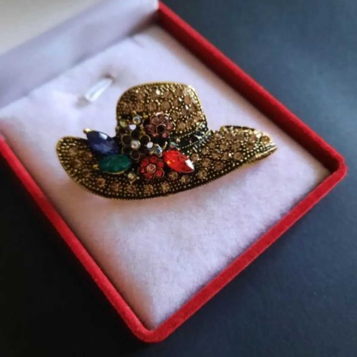 Rhinestone Hat with Flowers Brooch Shawl Pin - Image 3