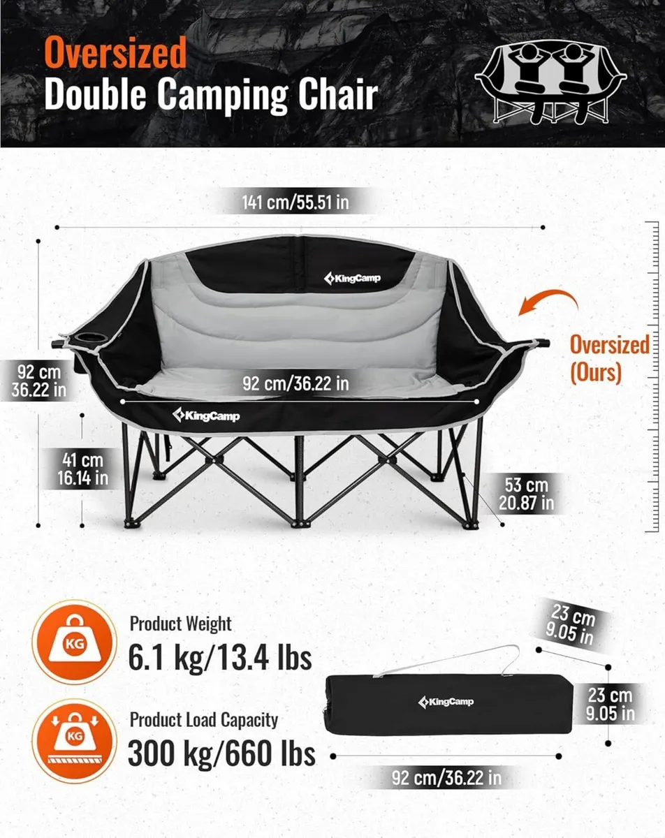 Double Camping Chair for Adults 300 kg Load - Image 3