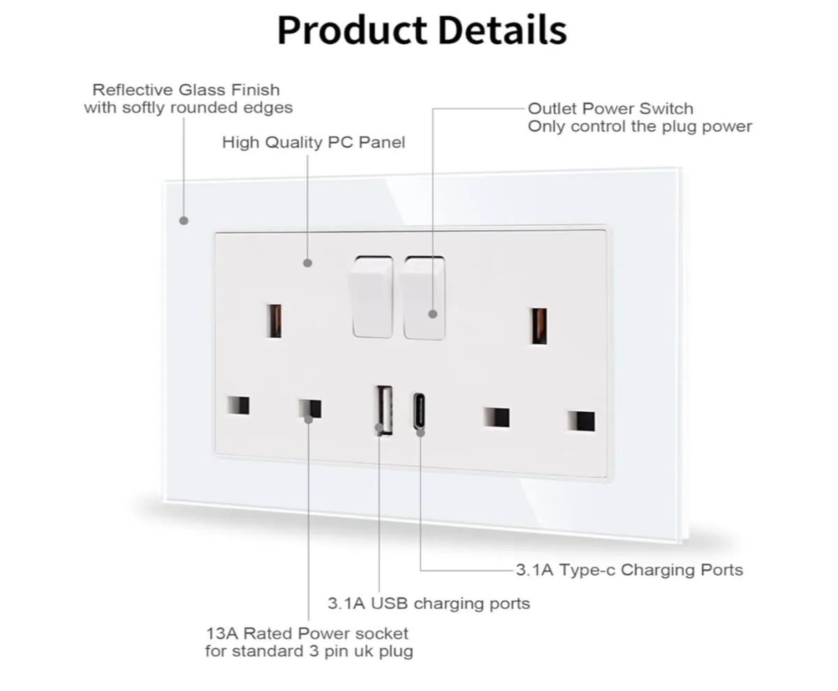 2pk double switched sockets with USB C+ USB A type - Image 4
