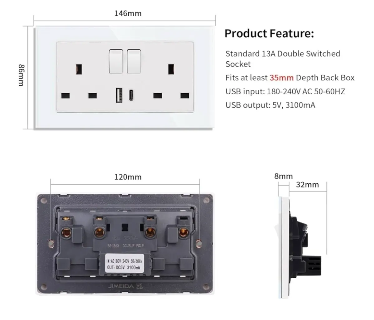 2pk double switched sockets with USB C+ USB A type - Image 2