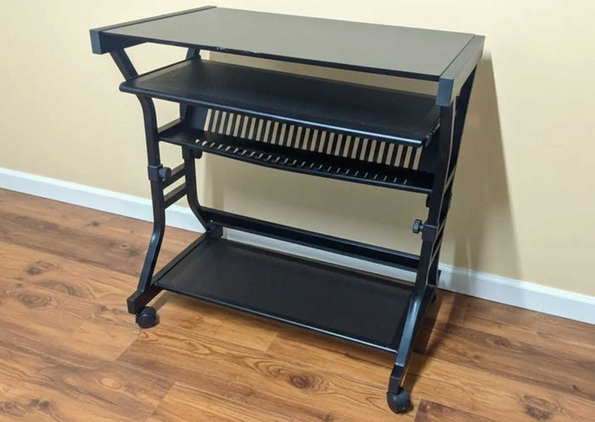 Glass Computer Desk with Keyboard Tray & Wheels - Image 1