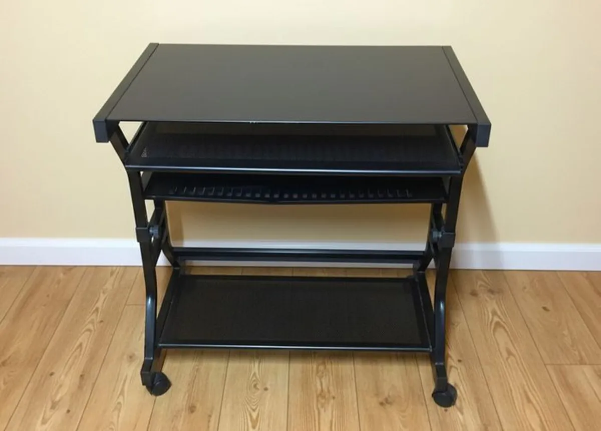 Glass Computer Desk with Keyboard Tray & Wheels - Image 2
