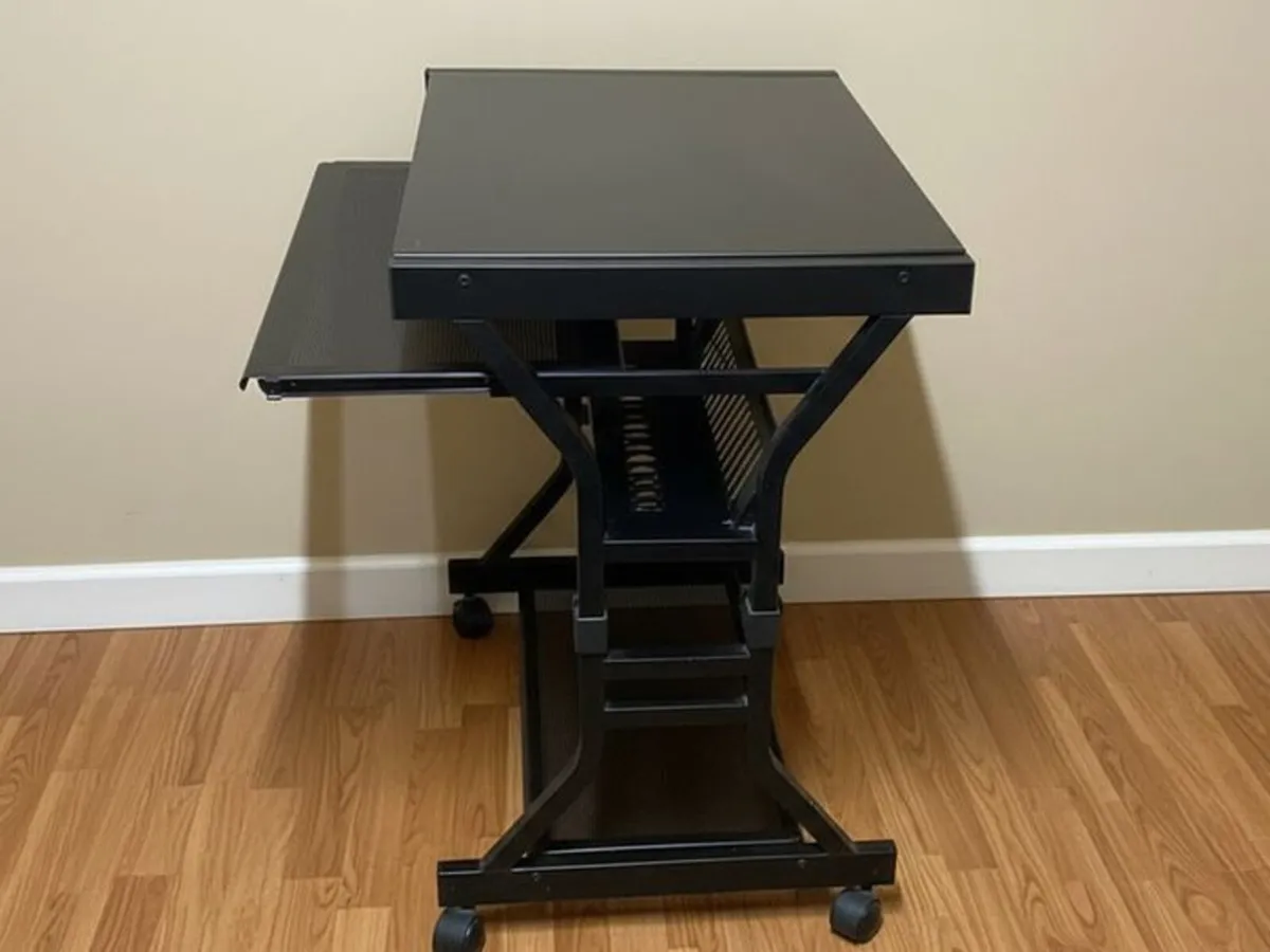 Glass Computer Desk with Keyboard Tray & Wheels - Image 4