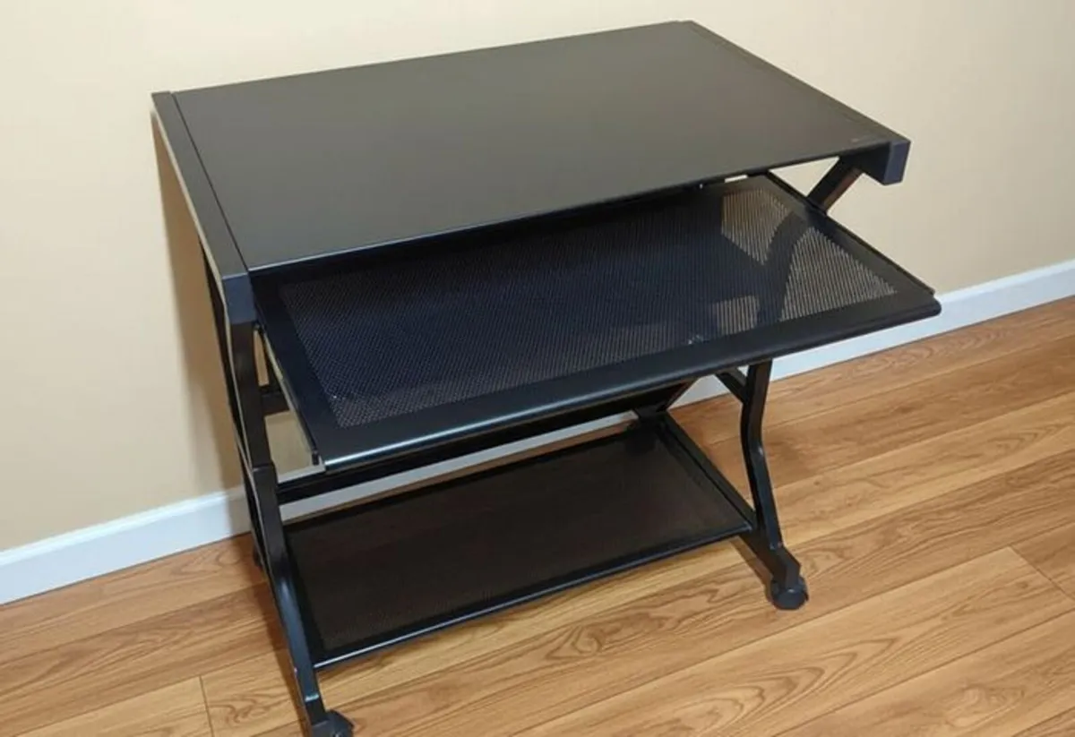 Glass Computer Desk with Keyboard Tray & Wheels - Image 3