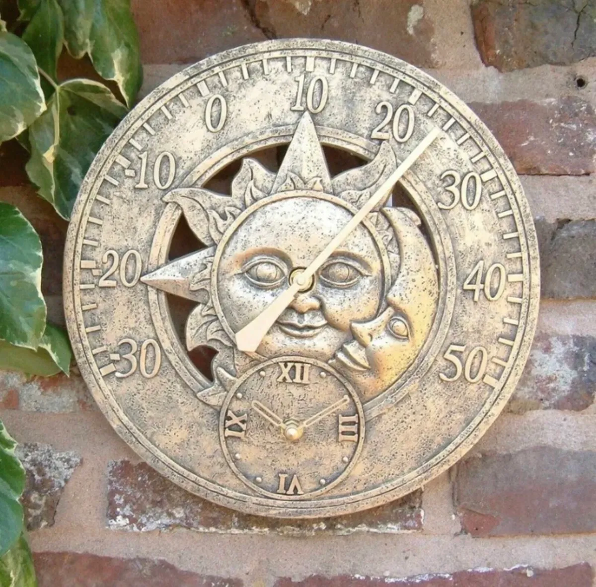 Outdoor Garden Sun & Moon Clock Thermometer NEW - Image 1