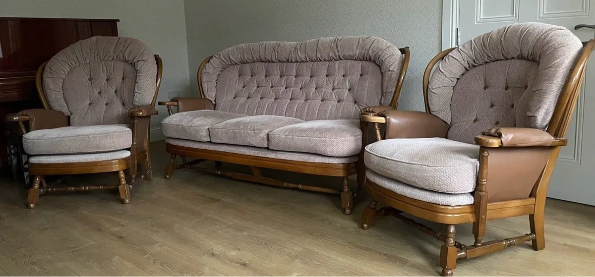 Solid wood frame sofa and two chairs