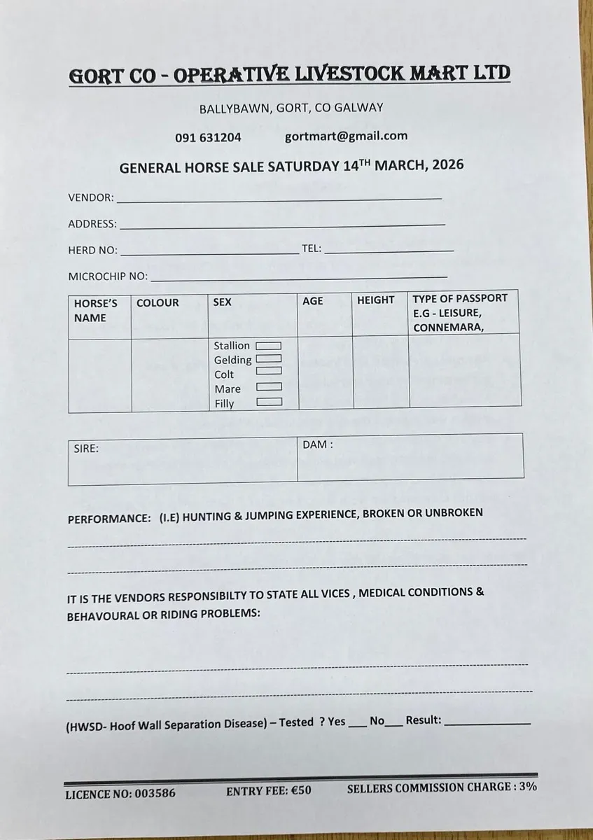 Gort Mart Pre entry Horse Sale : 14th March - Image 1