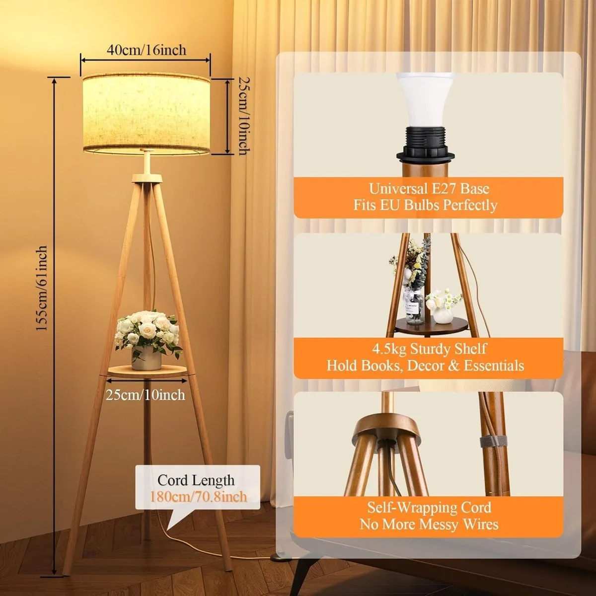 Tripod Floor Lamp with Storage Shelves - 12W - Image 2