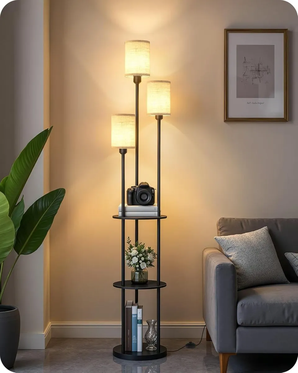 Floor Lamp with Shelves Industrial 3 Linen Shades - Image 1