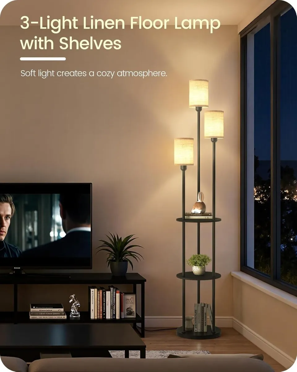 Floor Lamp with Shelves Industrial 3 Linen Shades - Image 2