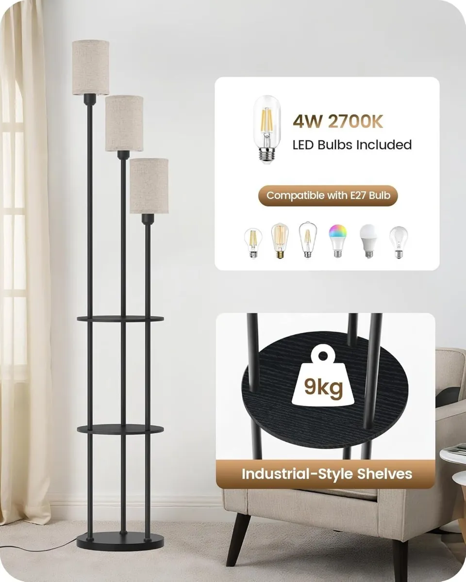 Floor Lamp with Shelves Industrial 3 Linen Shades - Image 3