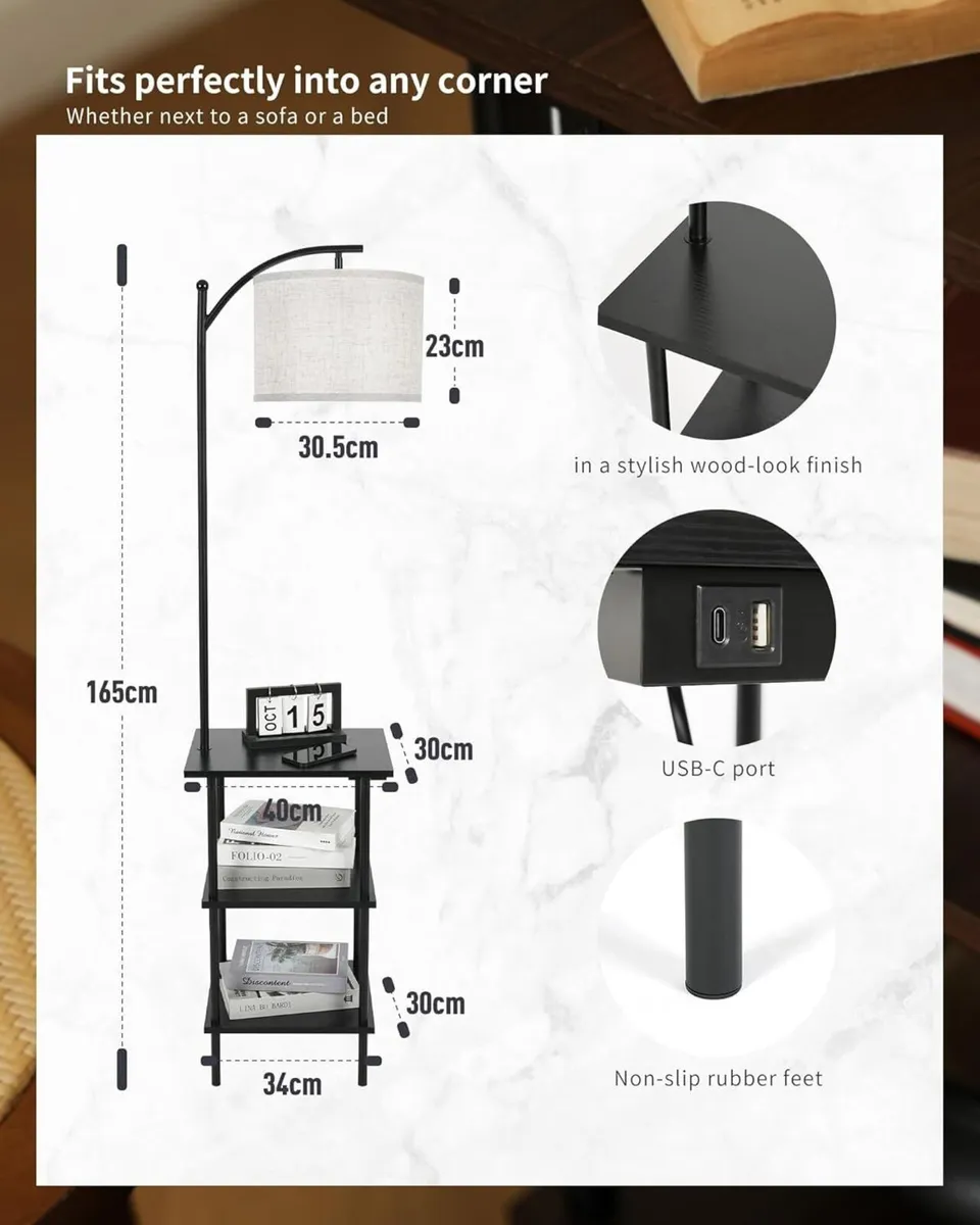 Vintage Wooden Floor Lamp with 3-Tier Storage - Image 3