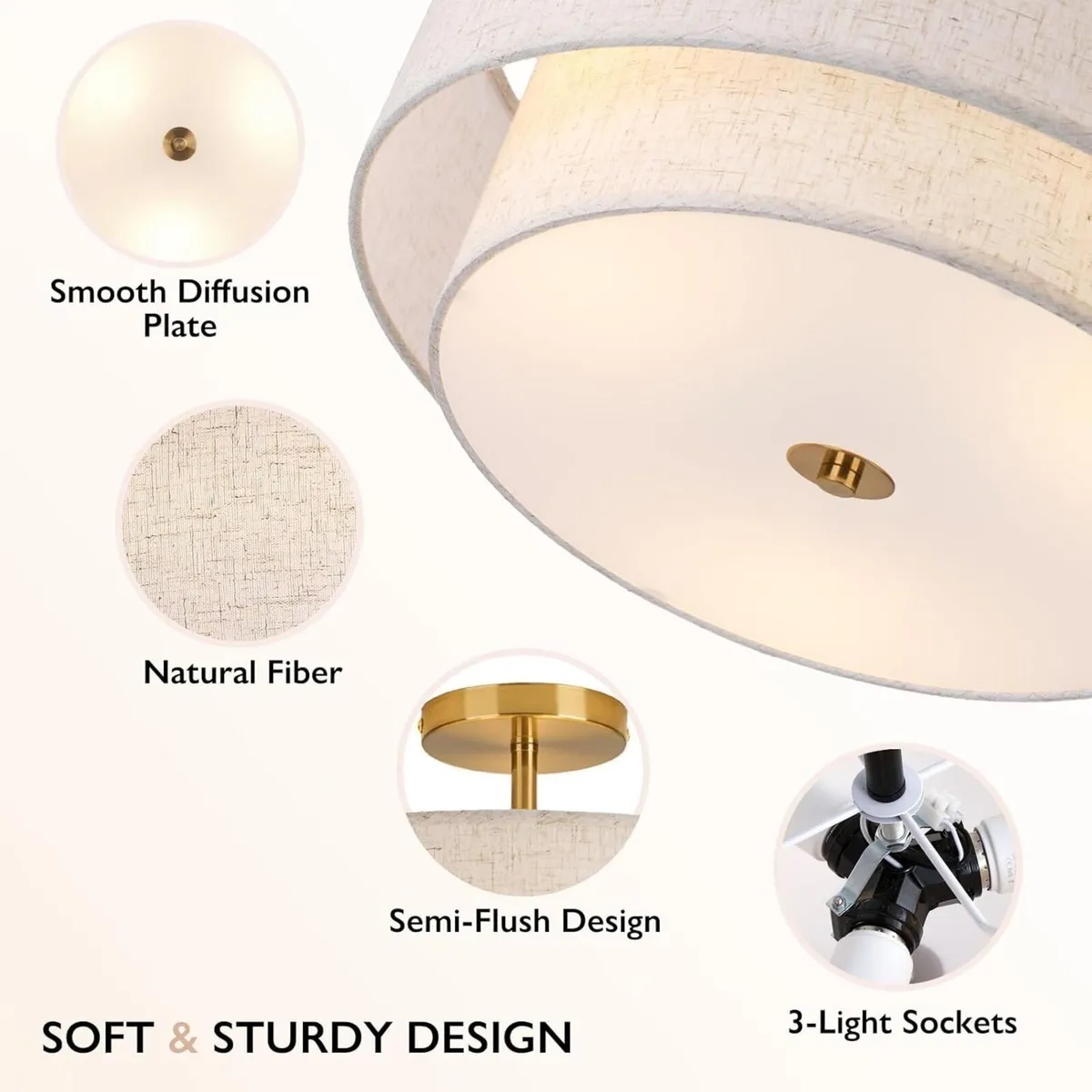 Dual Drum Gold 3-Light Semi Flush Mount Ceiling - Image 3