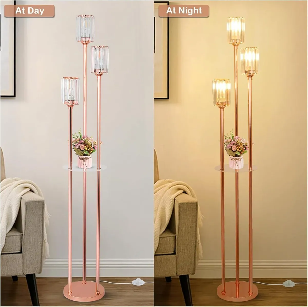 Modern Floor Lamp with Shelves 3-Lights Rose Gold - Image 2