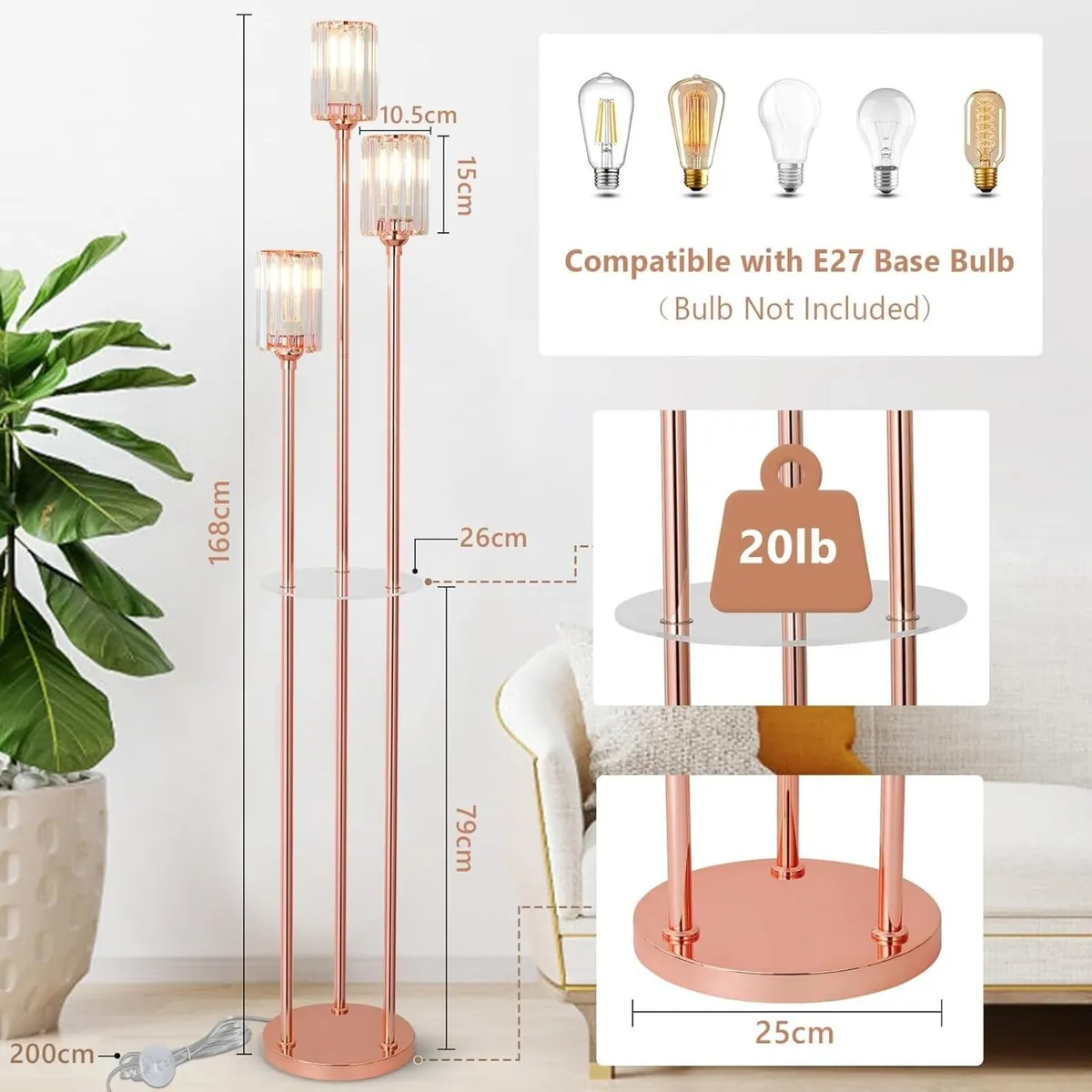 Modern Floor Lamp with Shelves 3-Lights Rose Gold - Image 3