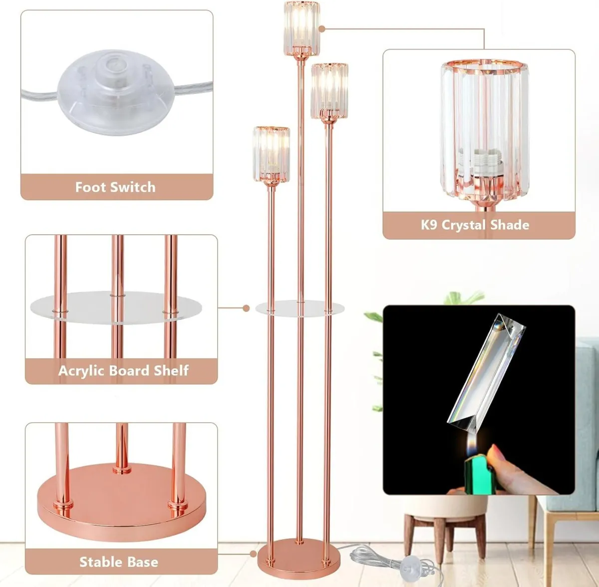 Modern Floor Lamp with Shelves 3-Lights Rose Gold - Image 4