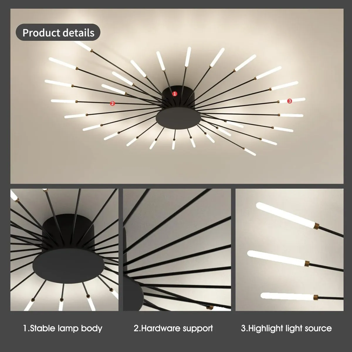 Modern LED Ceiling Light 28 Heads Black Flush - Image 4