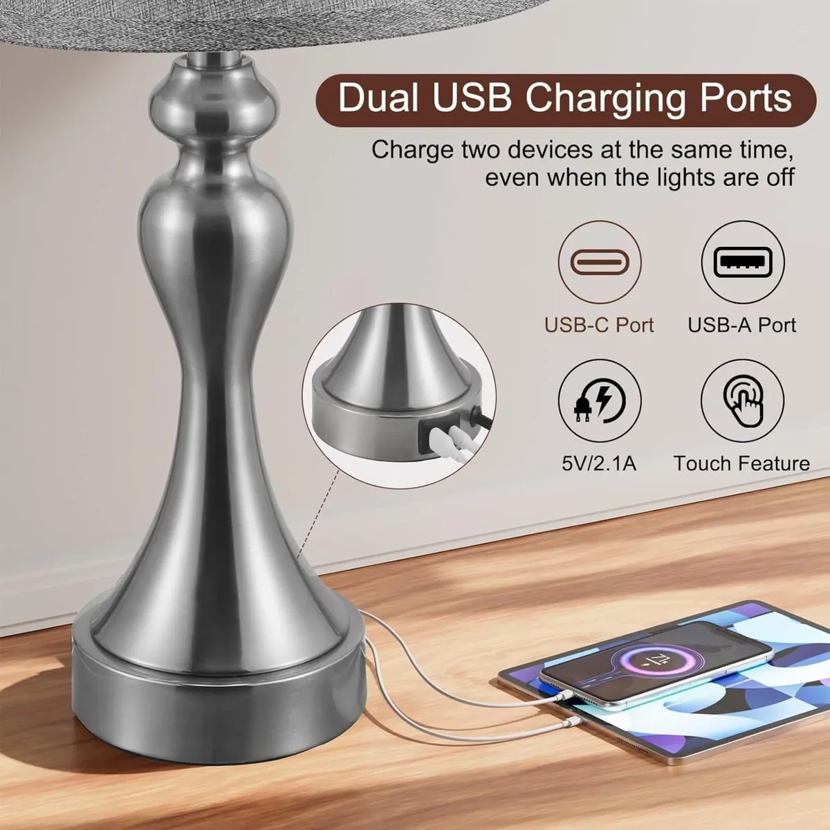 Dimmable Grey Bedside Lamps Set of 2 Lamp with - Image 2