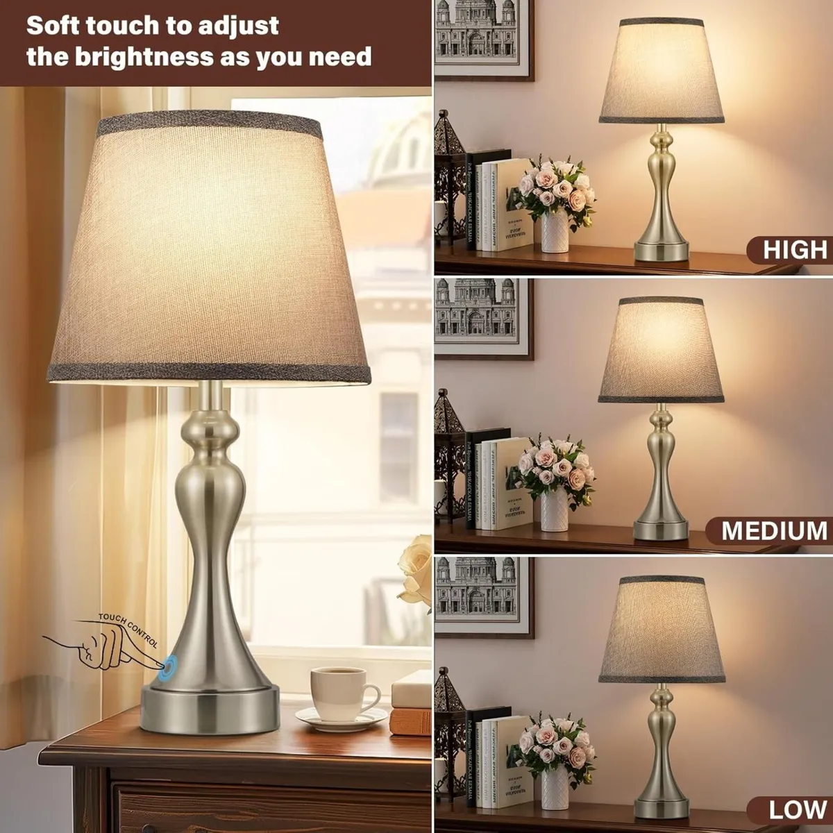 Dimmable Grey Bedside Lamps Set of 2 Lamp with - Image 3