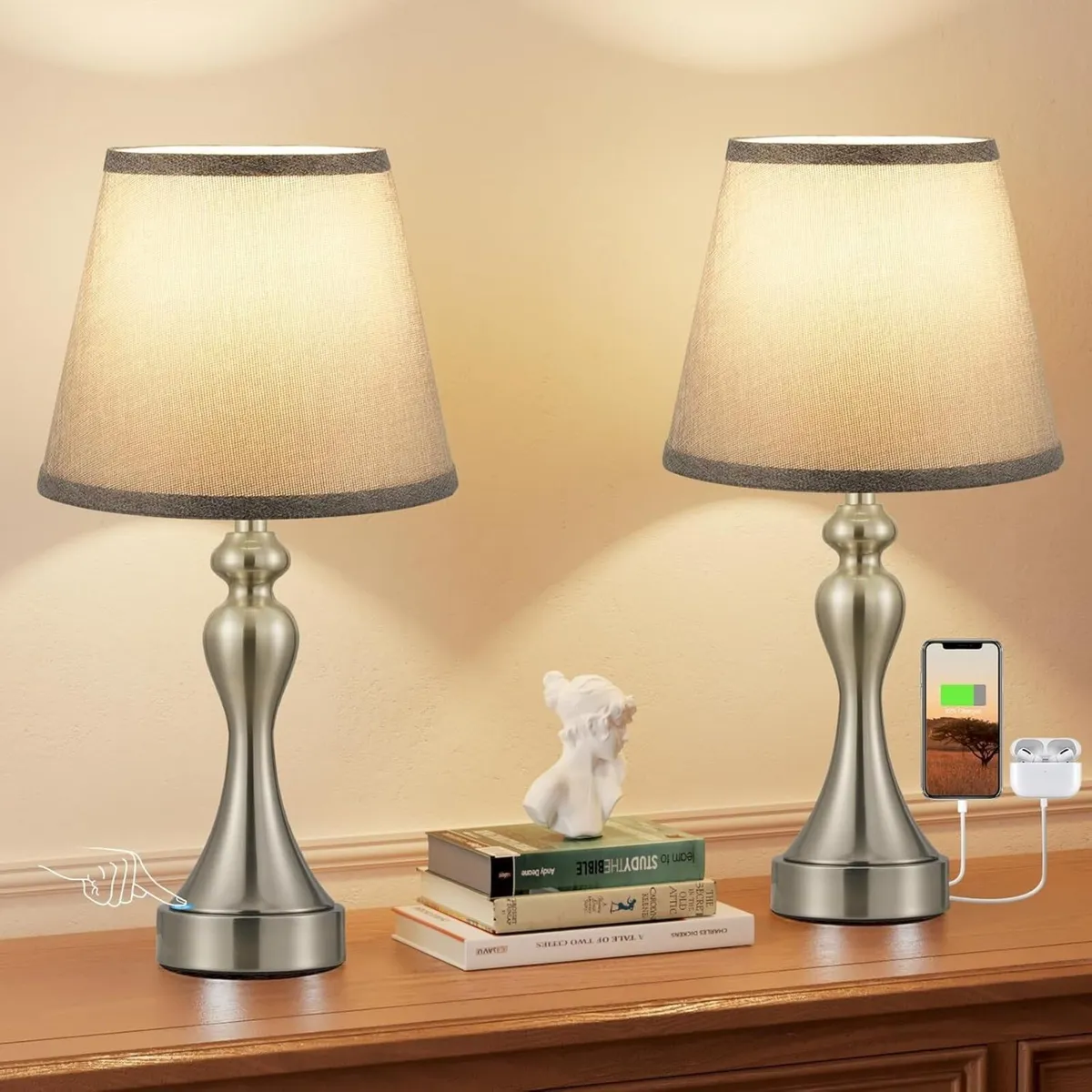 Dimmable Grey Bedside Lamps Set of 2 Lamp with - Image 1