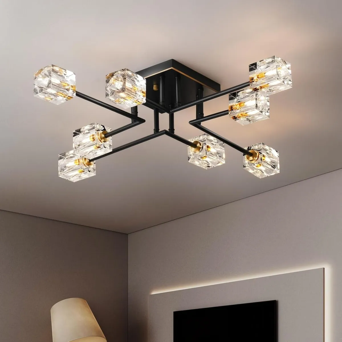 Modern Crystal Ceiling Light Black and Gold - Image 1