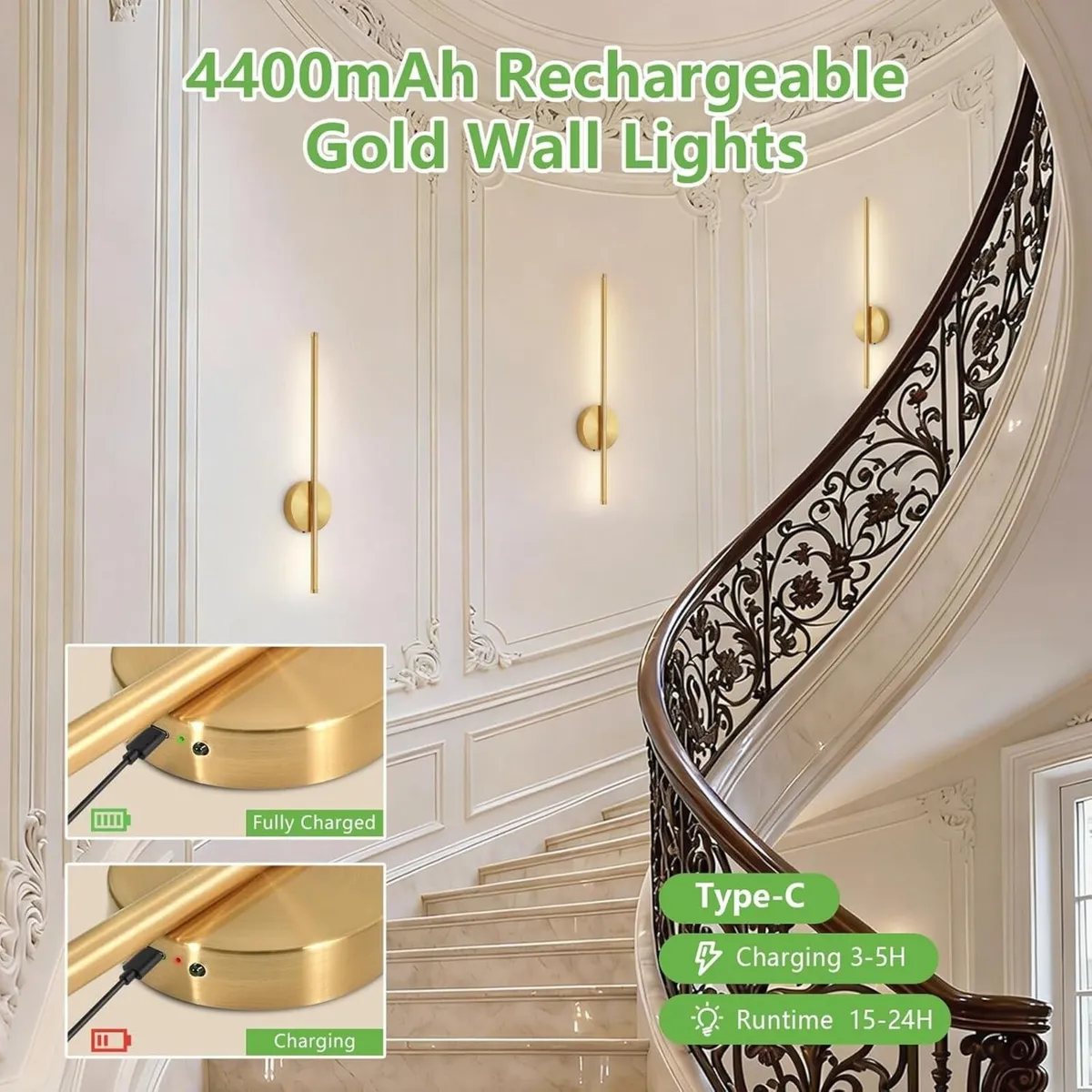 Gold Rechargeable Wall Lights 4400mAh Battery - Image 2