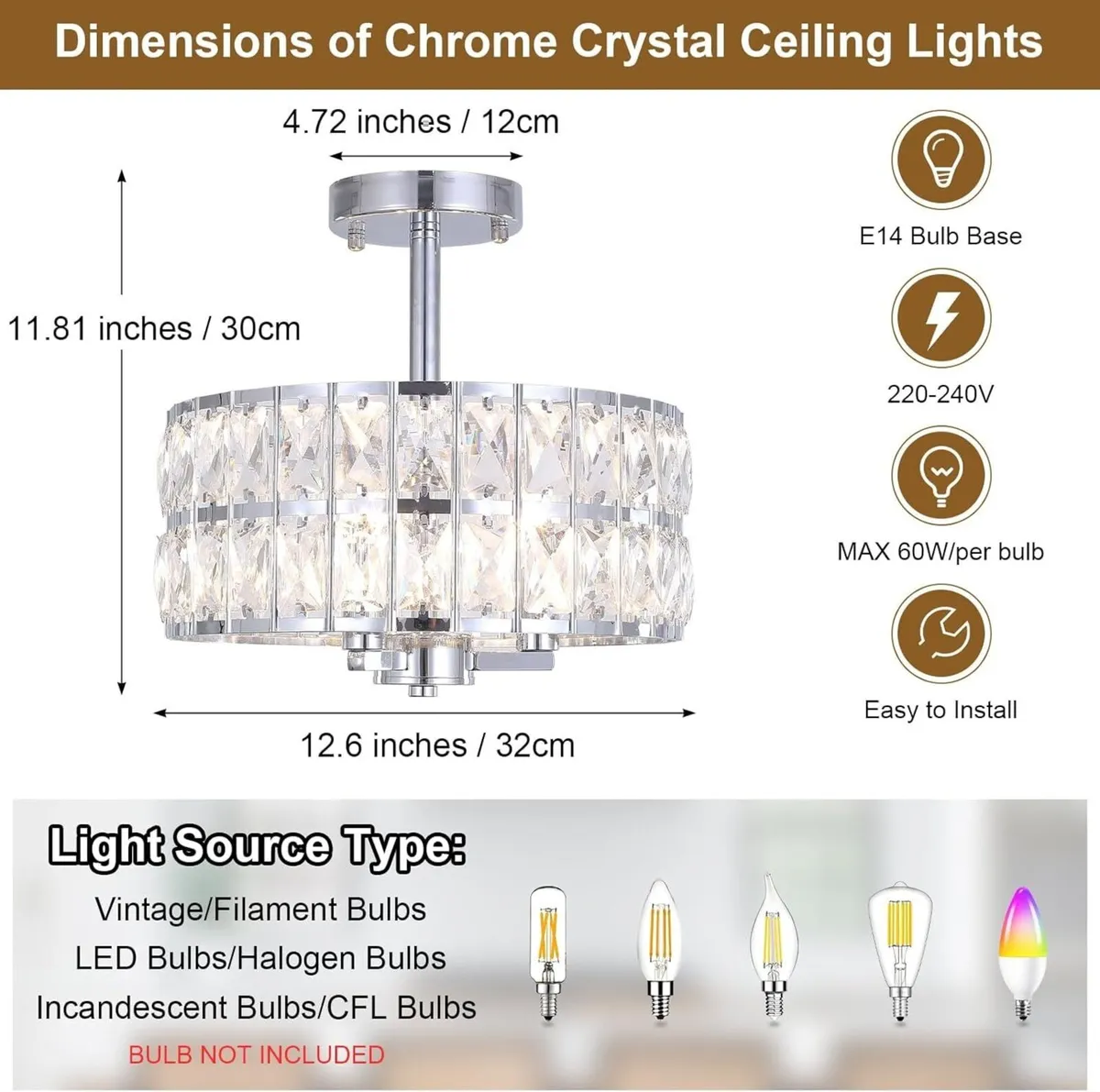 Crystal Ceiling Lights 3-Light Chrome Living Room - Image 4