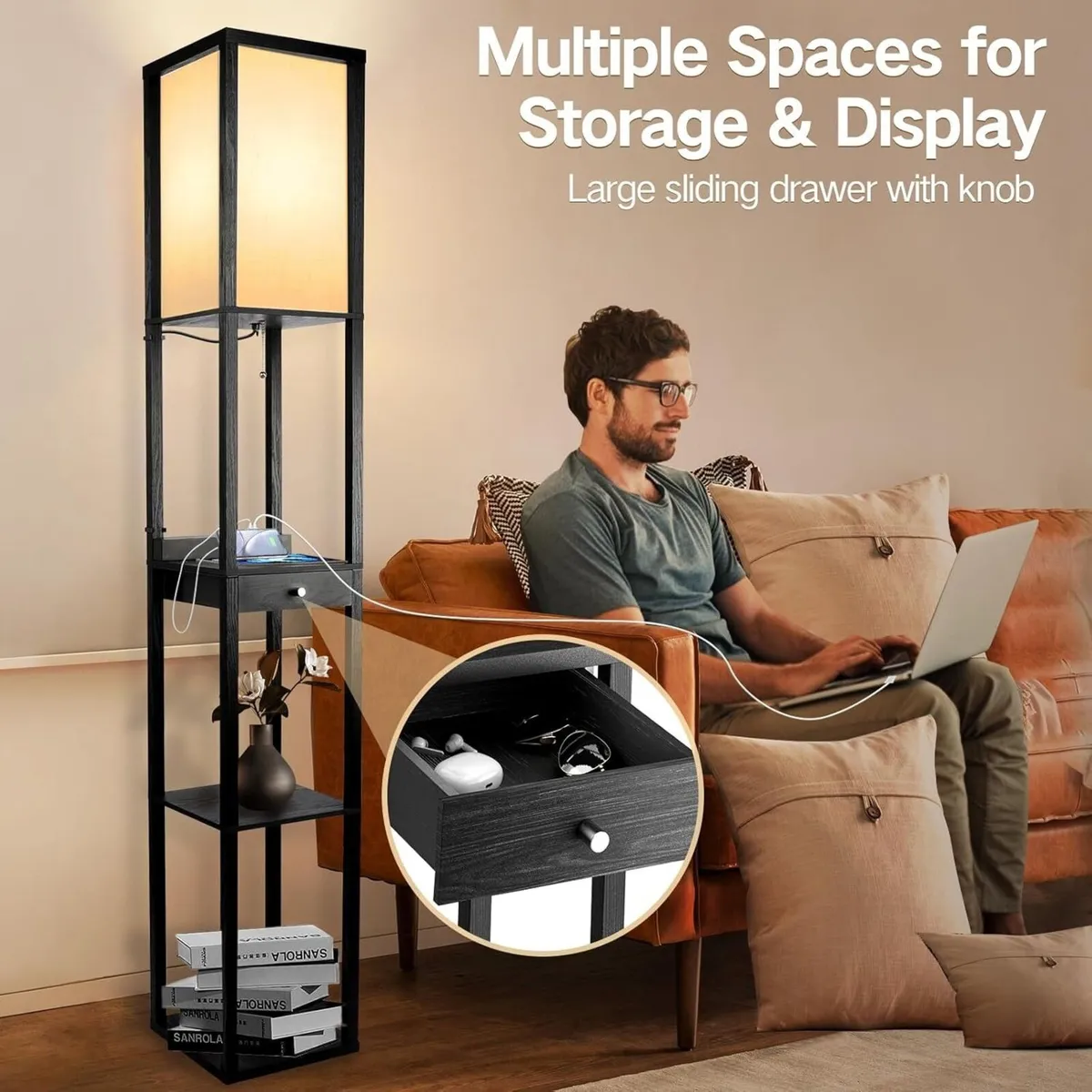 Shelf Floor Lamp with Drawer 2 USB-C Ports LED - Image 4