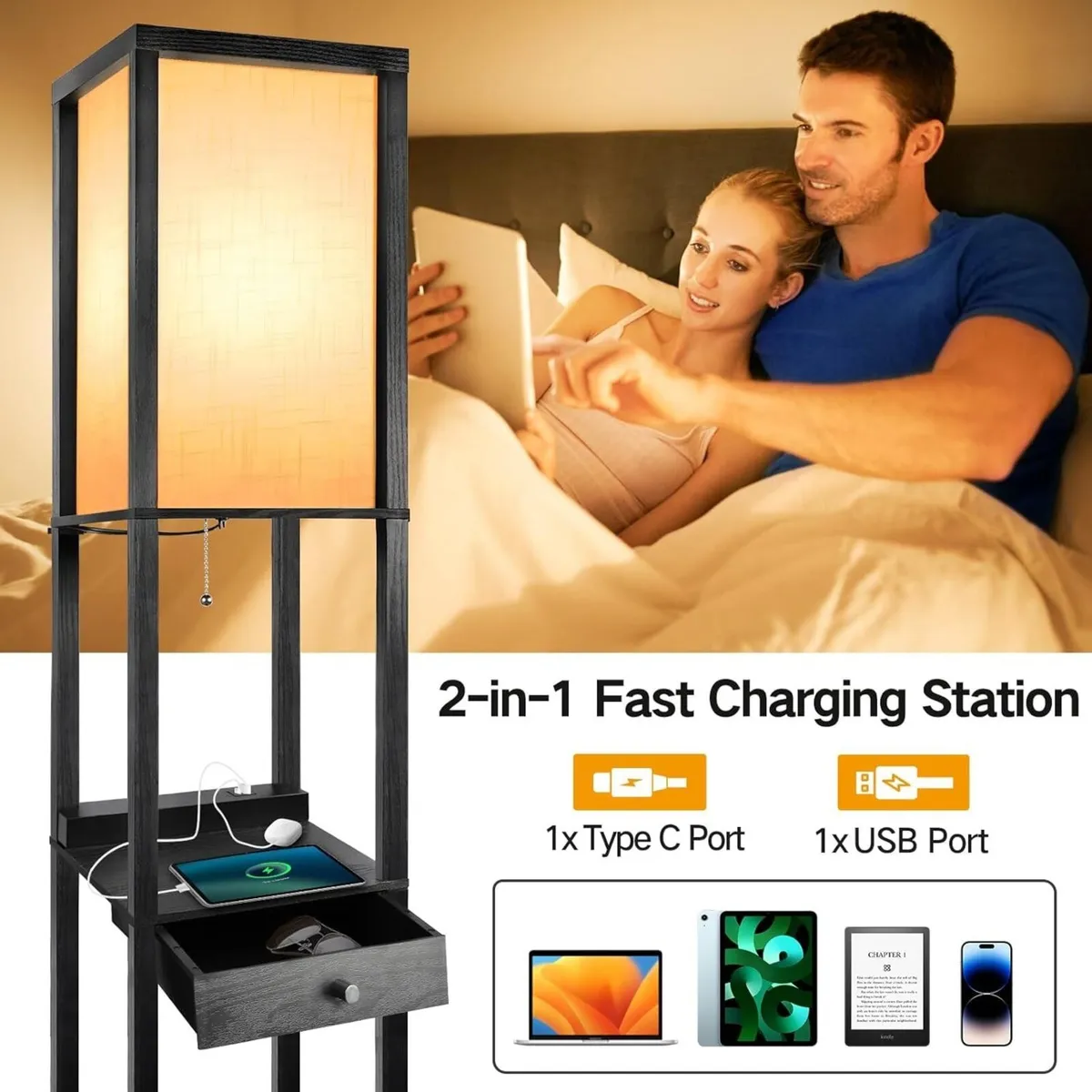 Shelf Floor Lamp with Drawer 2 USB-C Ports LED - Image 3