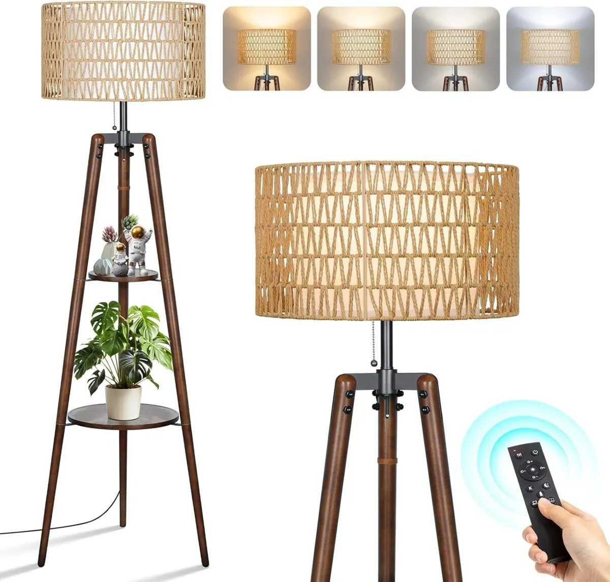 Tripod Floor Lamp Rattan Linen Double Shades - Image 1