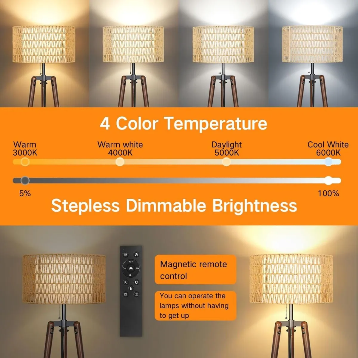 Tripod Floor Lamp Rattan Linen Double Shades - Image 3