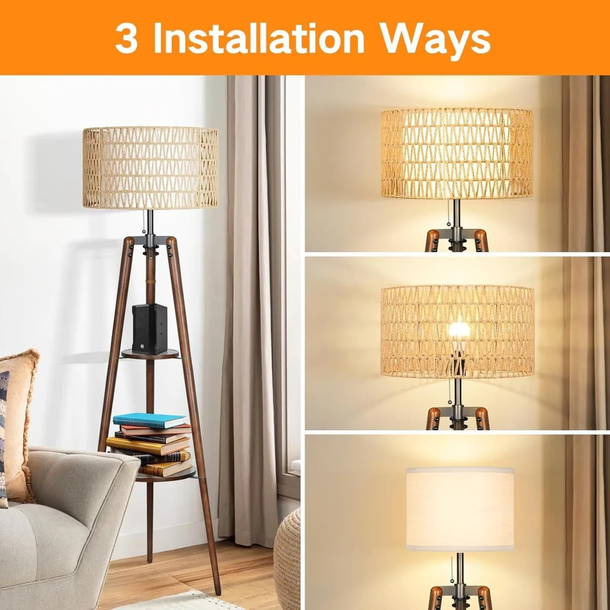 Tripod Floor Lamp Rattan Linen Double Shades - Image 2