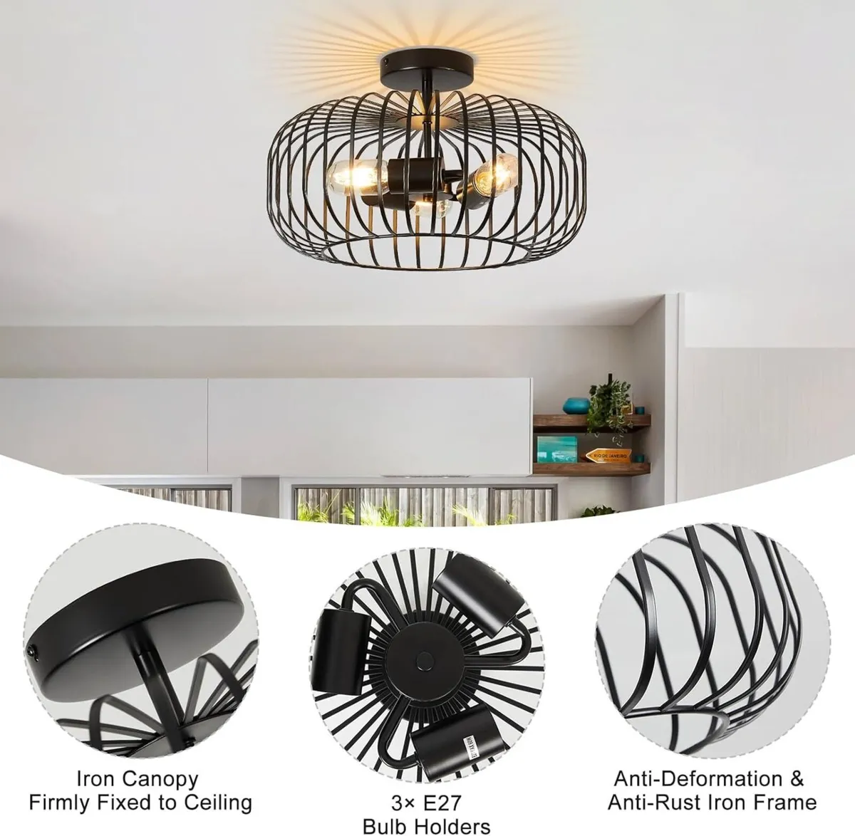 Ceiling Light Fitting 3 Lights Metal Black Shade - Image 4