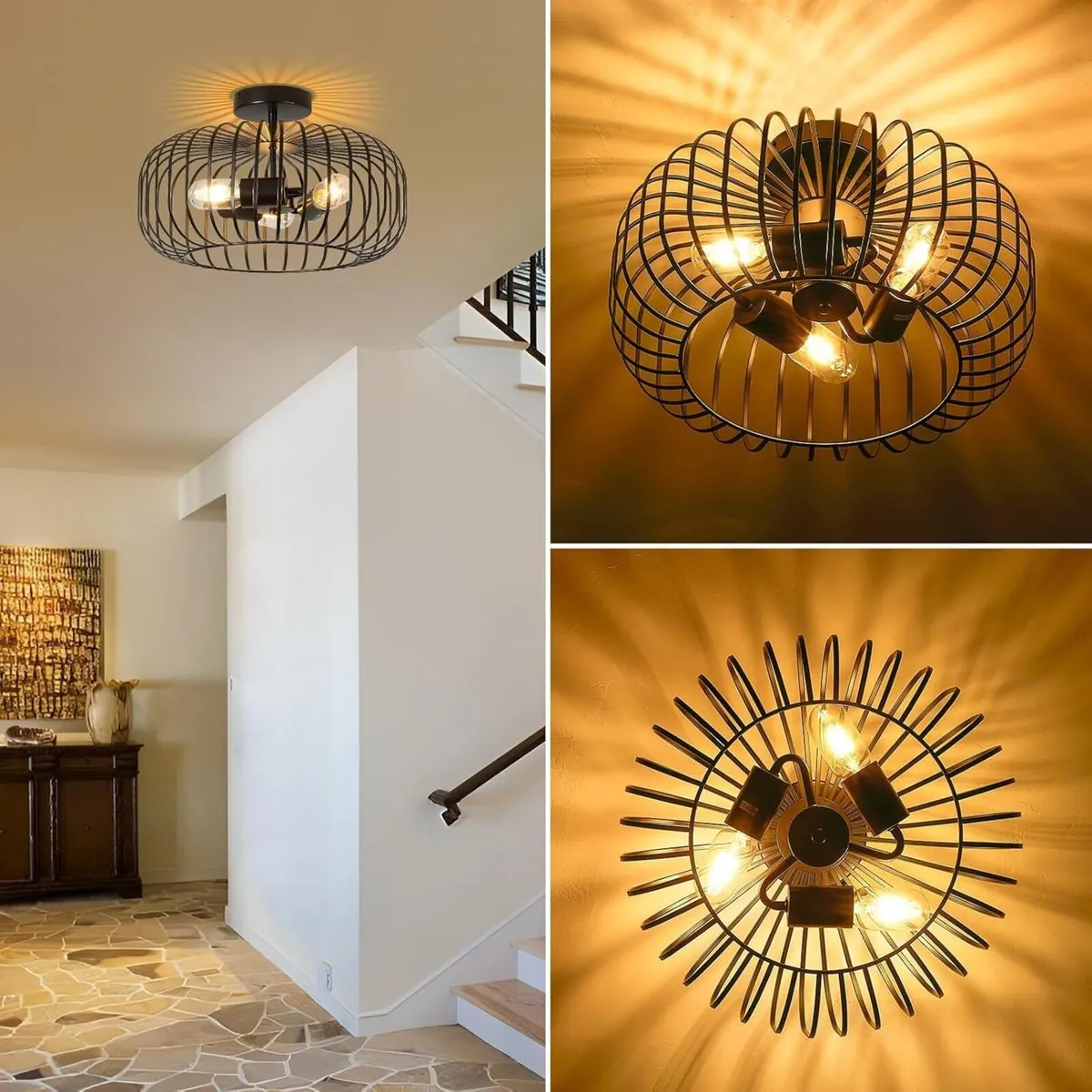 Ceiling Light Fitting 3 Lights Metal Black Shade - Image 3