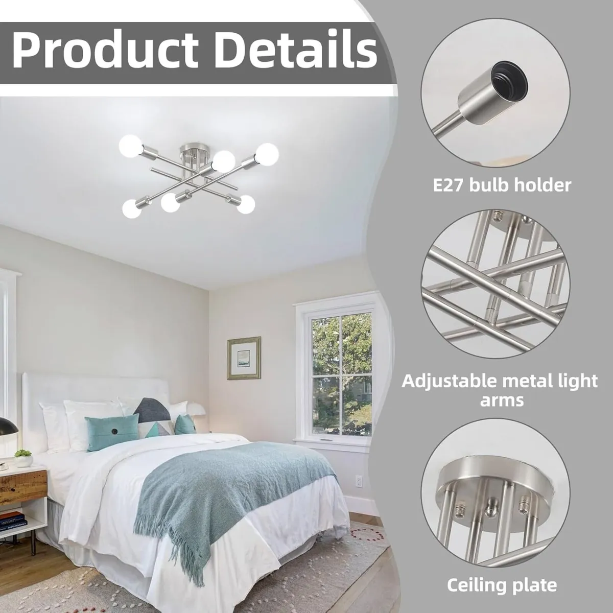 Nickel Sputnik Ceiling Light Fittings 6 Bulbs - Image 3