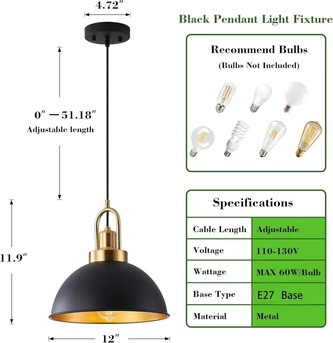 Matte Black Farmhouse Pendant Light Adjustable - Image 3