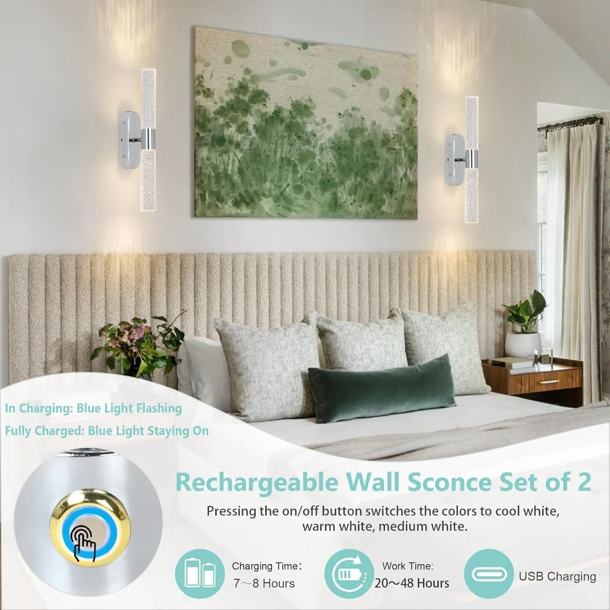 Rechargeable Wall Lights Set of 2 Battery - Image 3