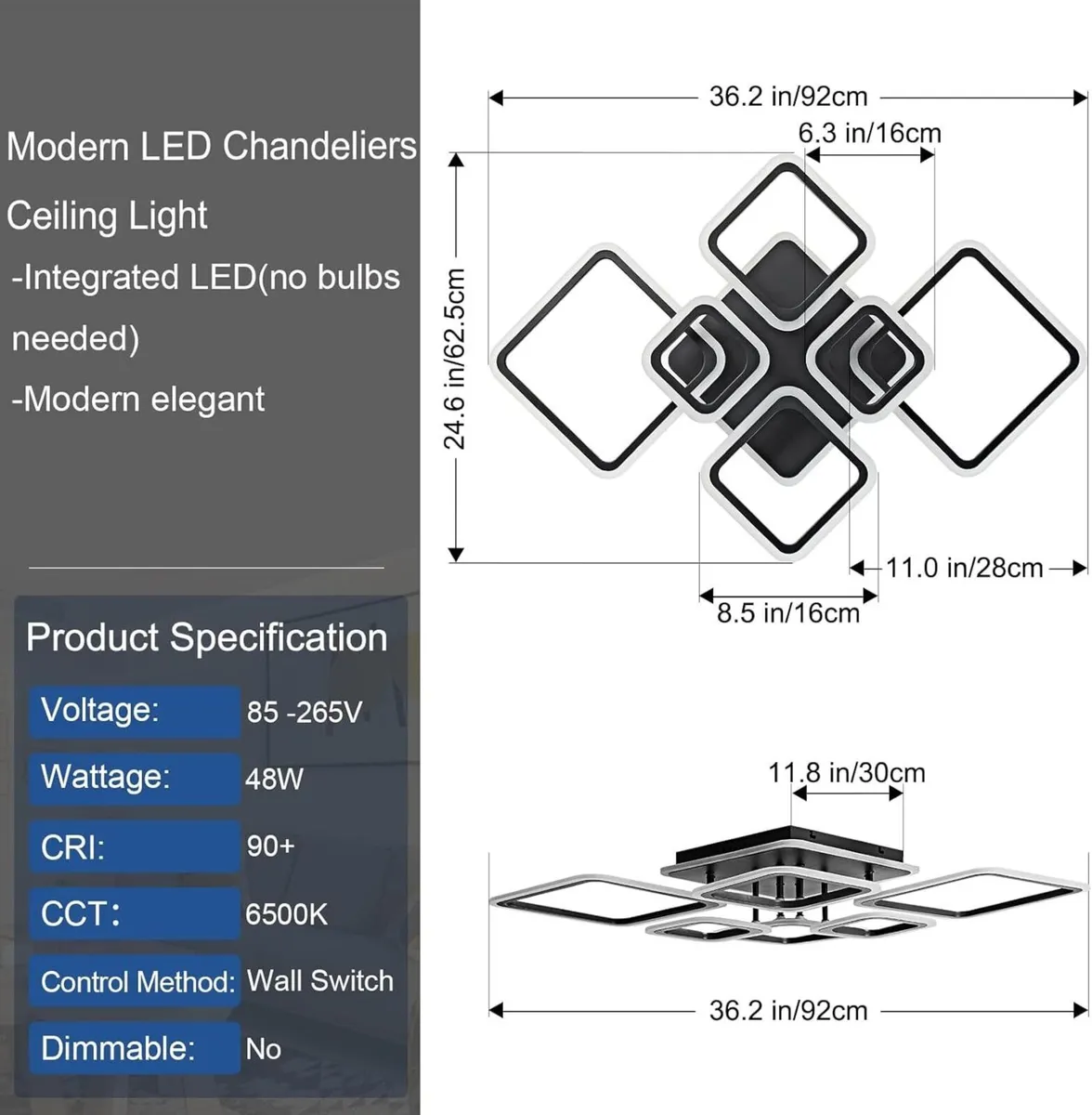Modern LED Ceiling Lights Flush Mount 48W Black - Image 3