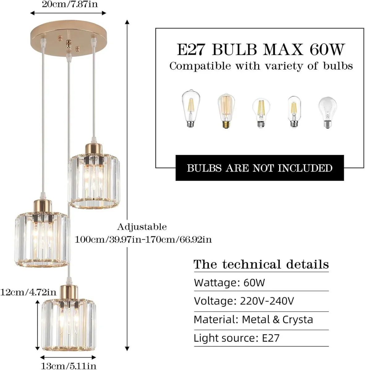 Gold Modern Crystal 3-Light Pendant Ceiling Light - Image 3