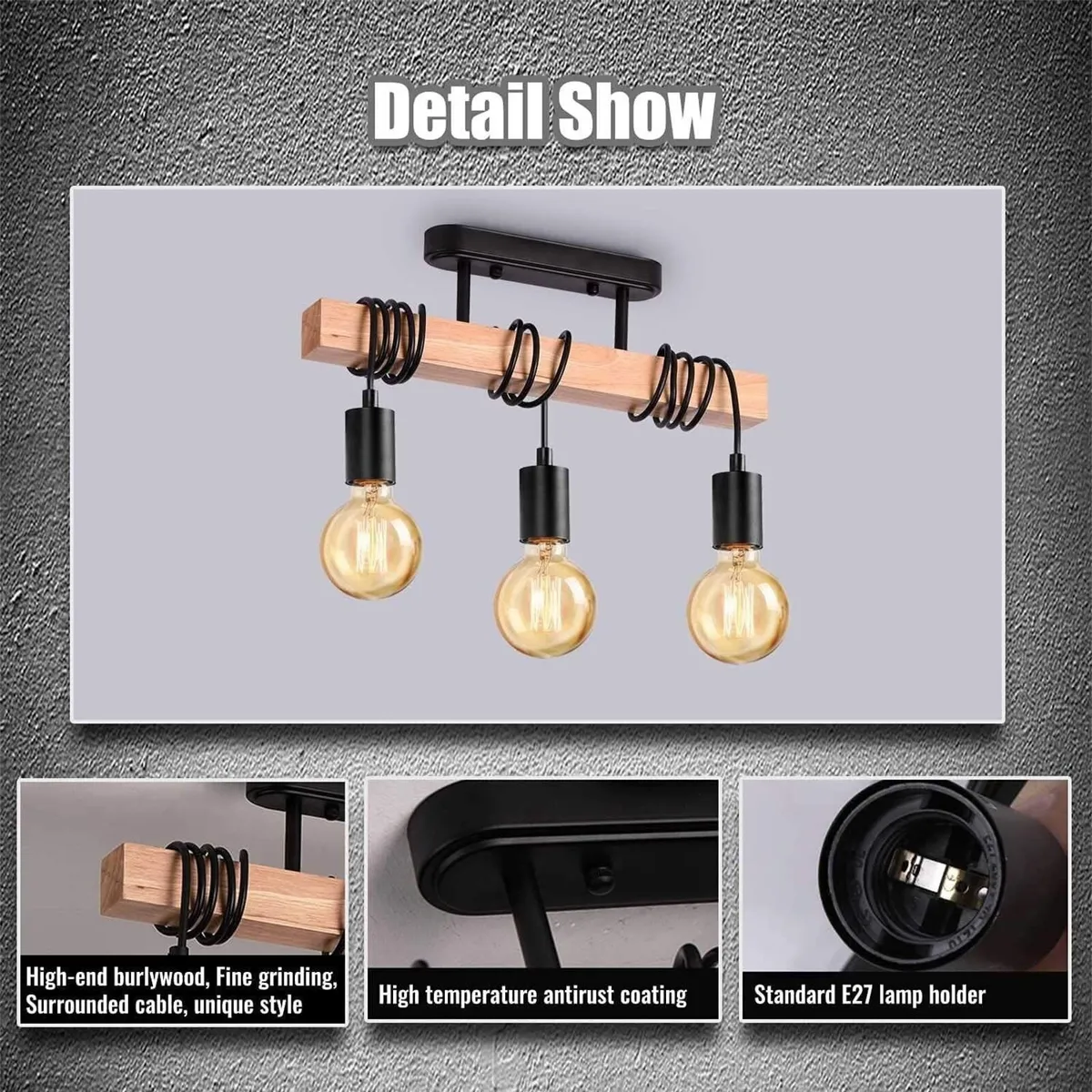 Industrial Wood Pendant 3-Head Adjustable - Image 3