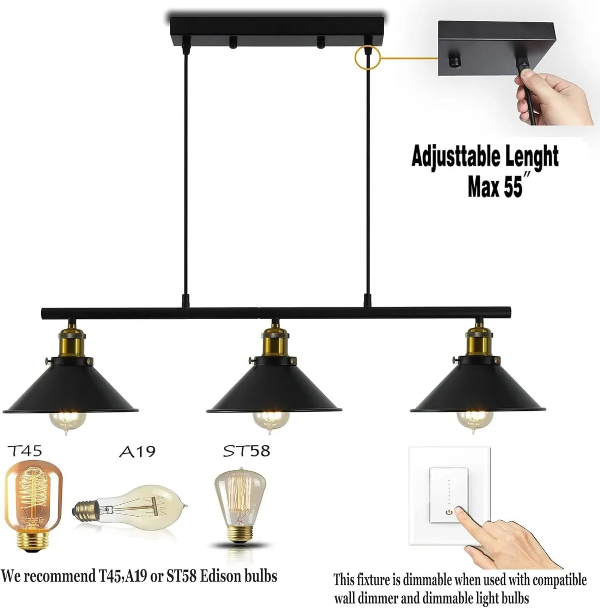 3 Lights Industrial Pendant Light Vintage - Image 2