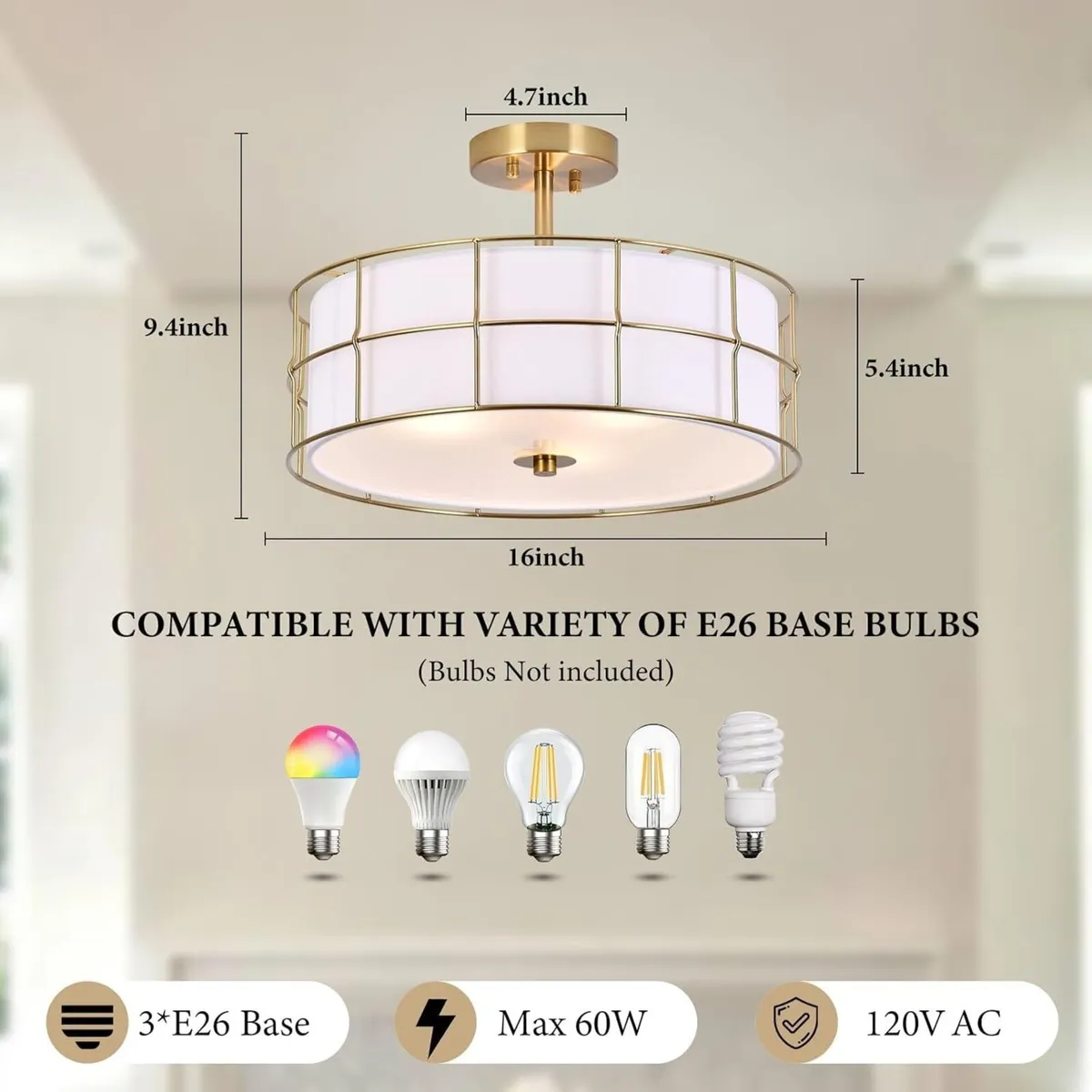 16 Gold Ceiling Light 3-Light Modern Fabric - Image 2