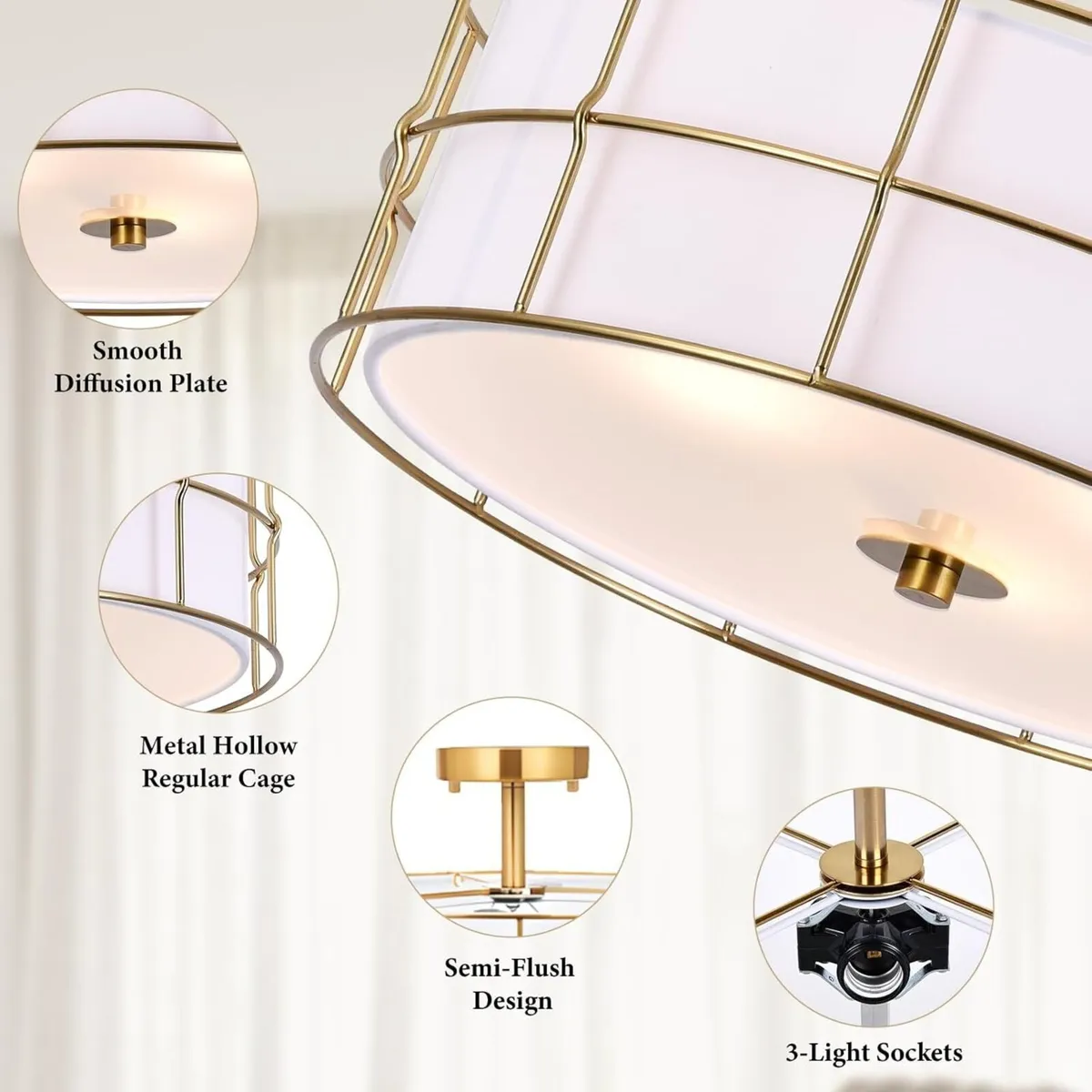 16 Gold Ceiling Light 3-Light Modern Fabric - Image 3