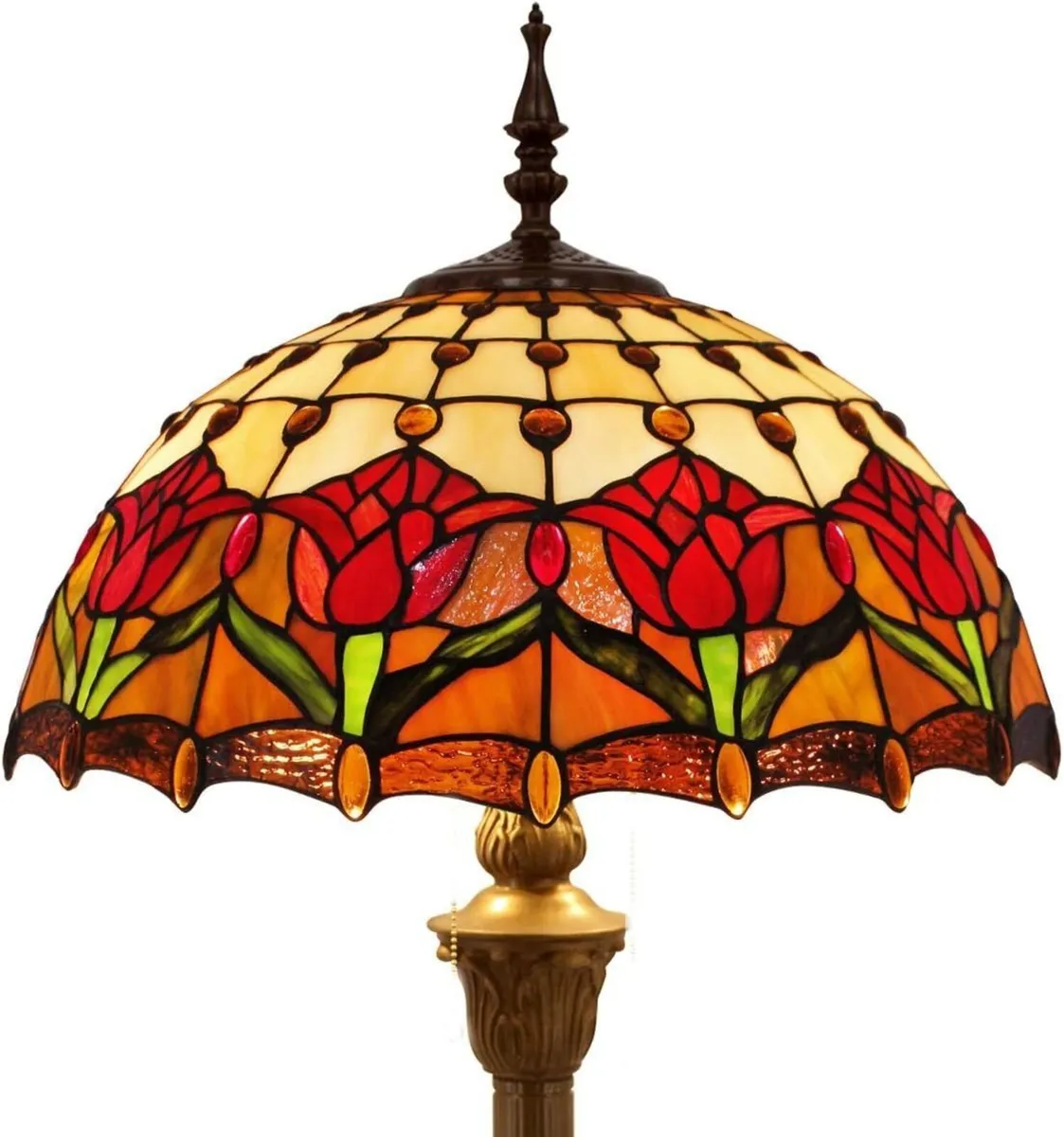 Tiffany Floor Lamp Red Amber Tulip Flower Stained - Image 1