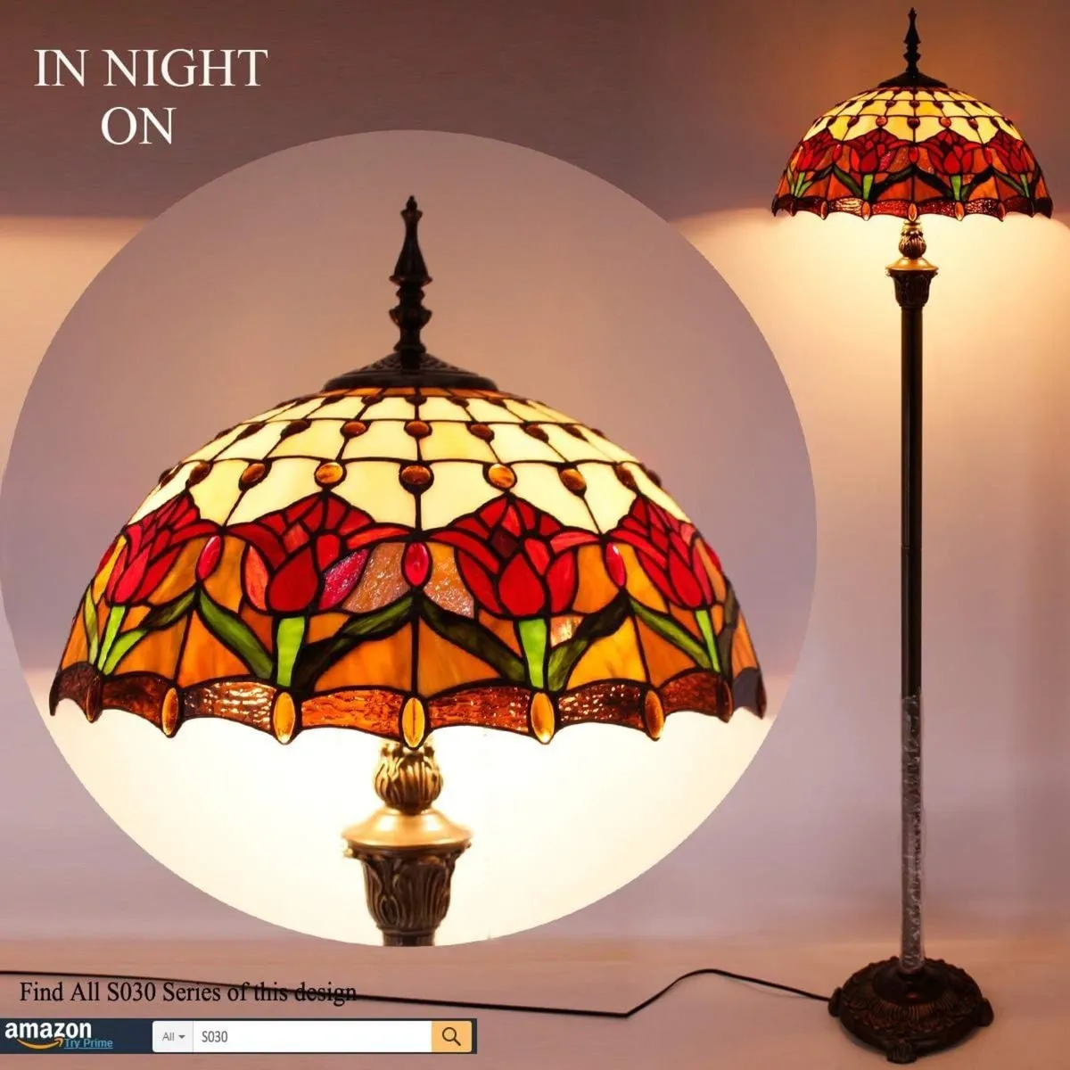 Tiffany Floor Lamp Red Amber Tulip Flower Stained - Image 2