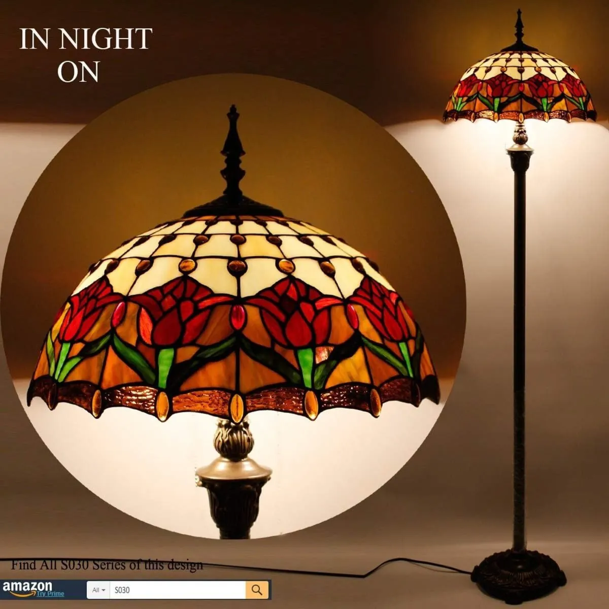 Tiffany Floor Lamp Red Amber Tulip Flower Stained - Image 3